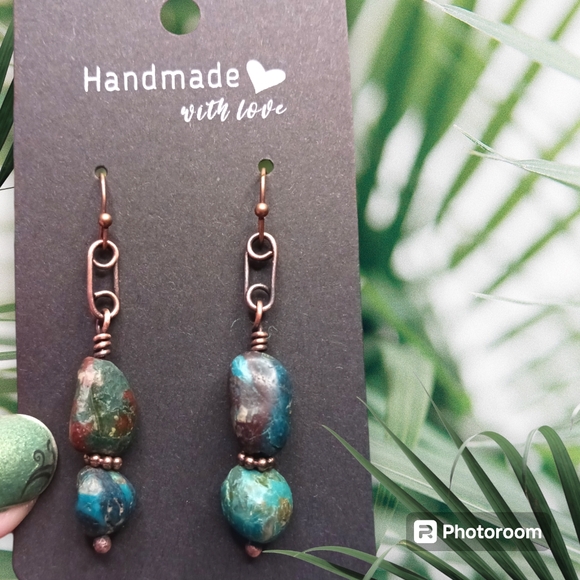 Hand Crafted Chrysocolla and Copper Earrings - Picture 5 of 6